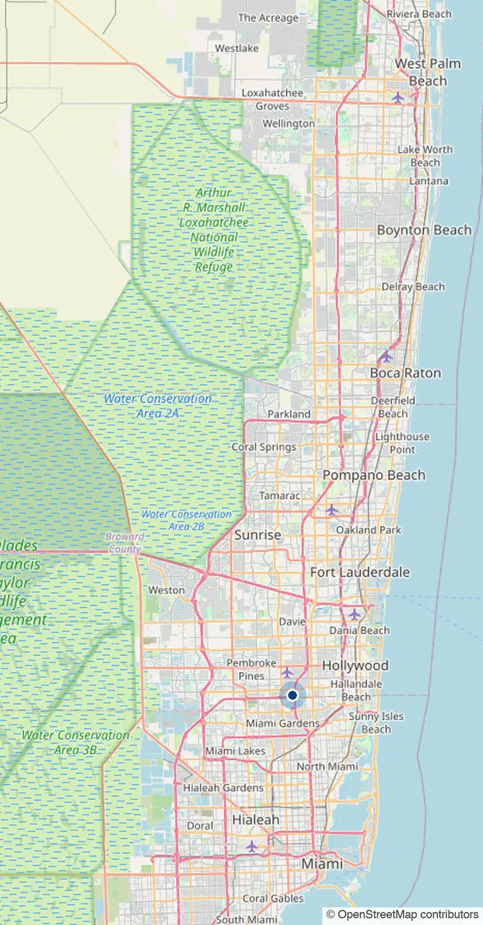 Map of our service area from Miami to West Palm Beach, covering Miami-Dade, Broward and Palm Beach counties